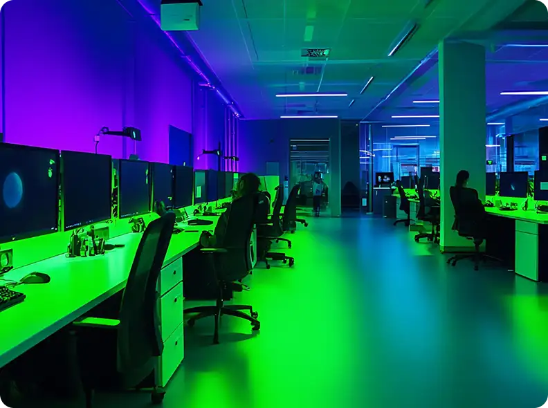 Open kantoorruimte met meerdere computerwerkplekken, verlicht door levendige groene en paarse ledverlichting.